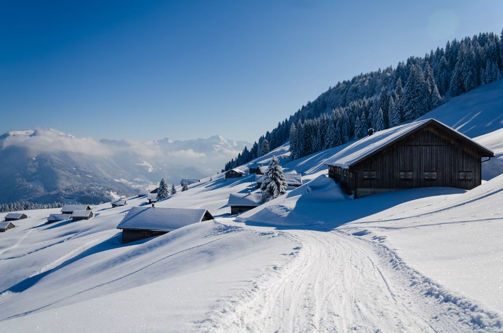 Besneeuwde chalets op een alpenhelling