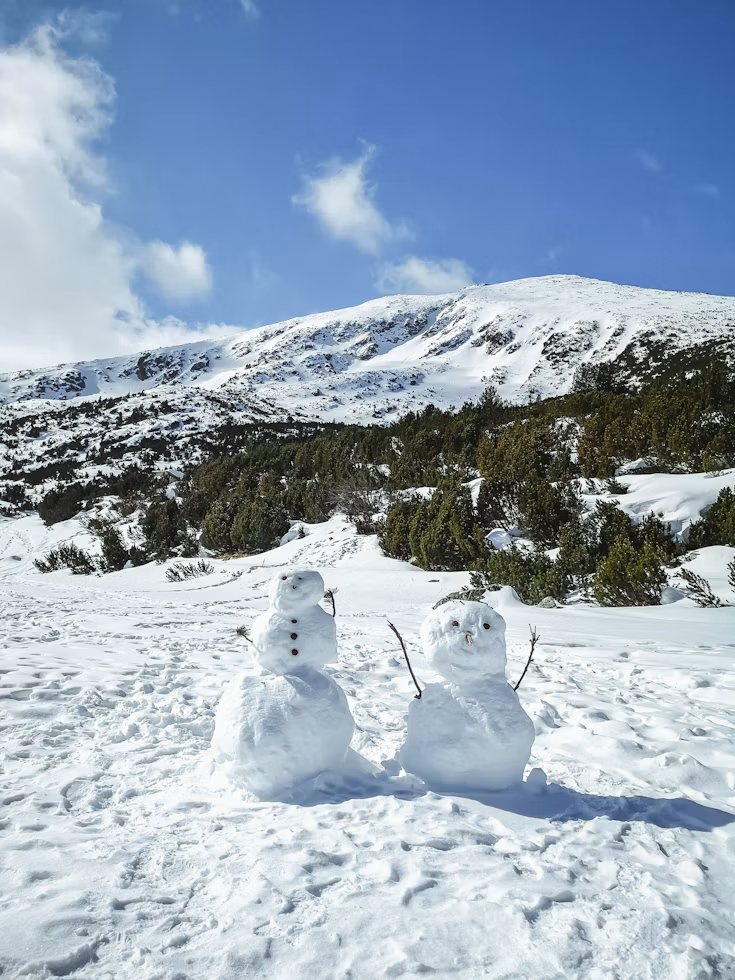 Twee sneeuwpoppen voor een besneeuwde berg